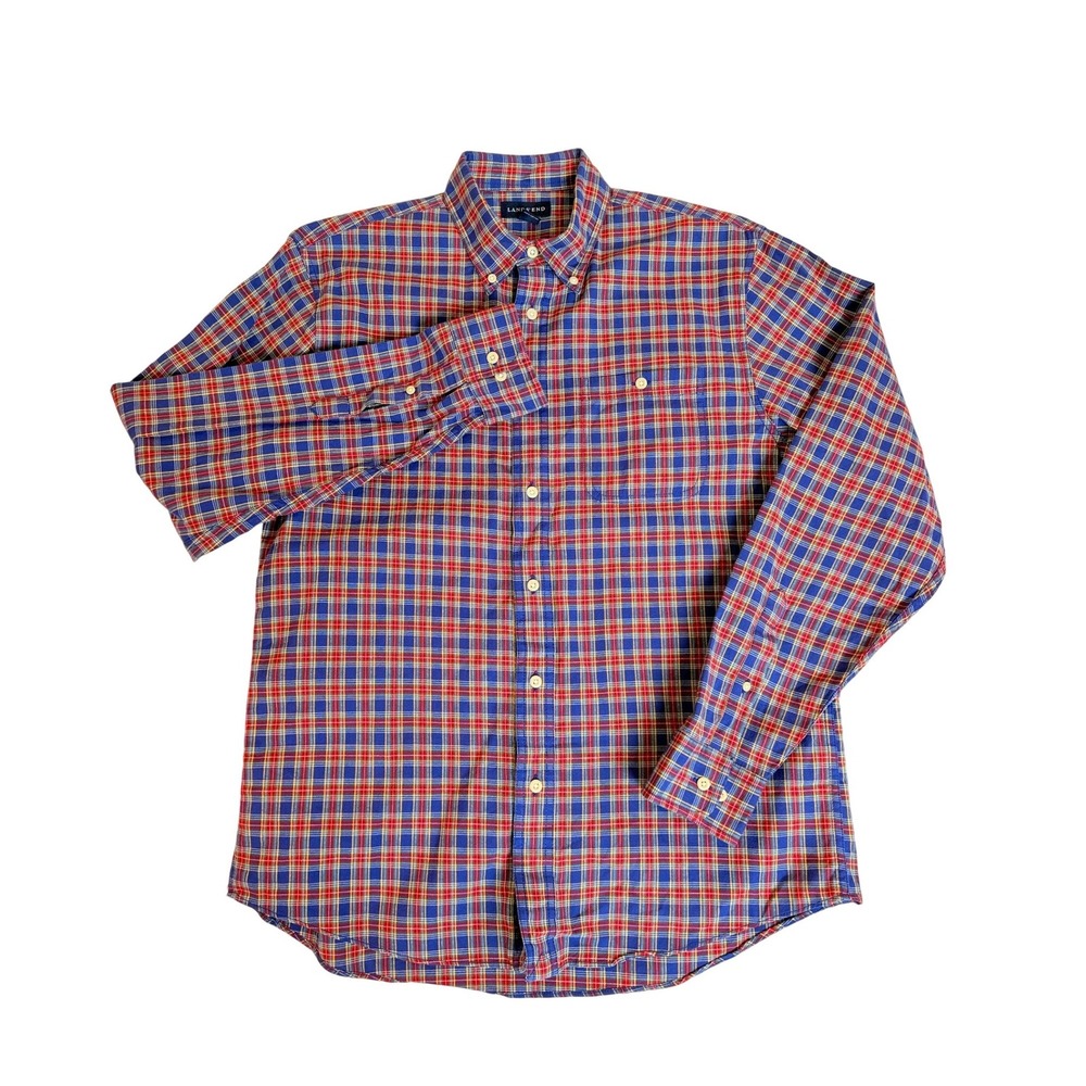 Lands End Button Down Shirt Mens Size M Blue Red Plaid Long Sleeve 100% Cotton